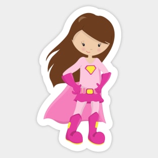 Superhero Girl, Brown Hair, Cute Girl, Pink Cape Sticker